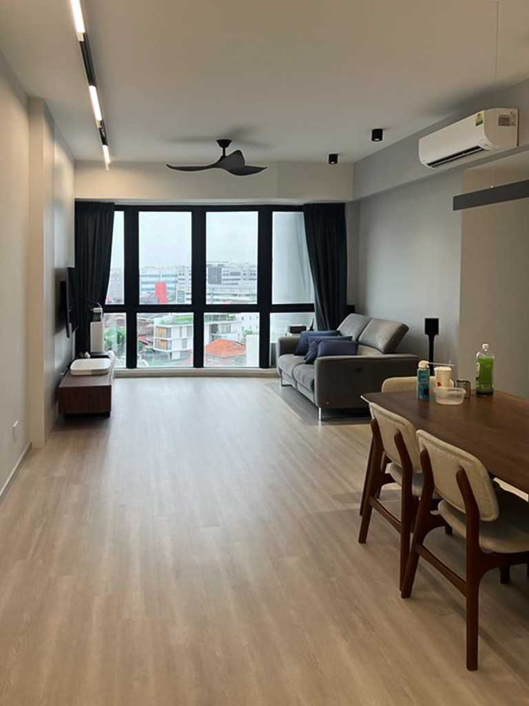 Scandinavian Dining Room with TV Console and Window Grille