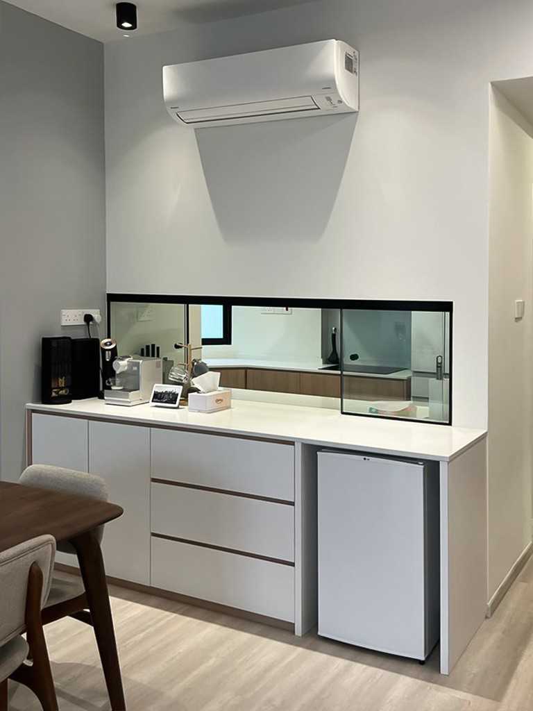 Scandinavian Dining Room with Kitchen Window and Sideboard