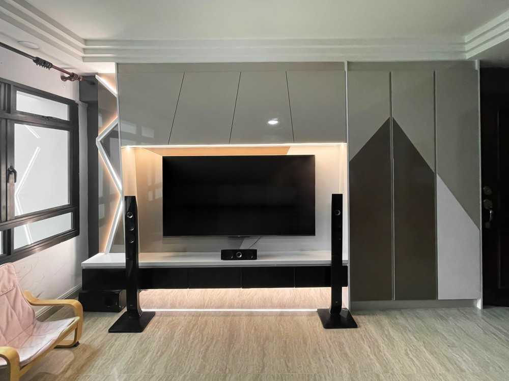 Scandinavian Living Room with TV Console and Window Grille