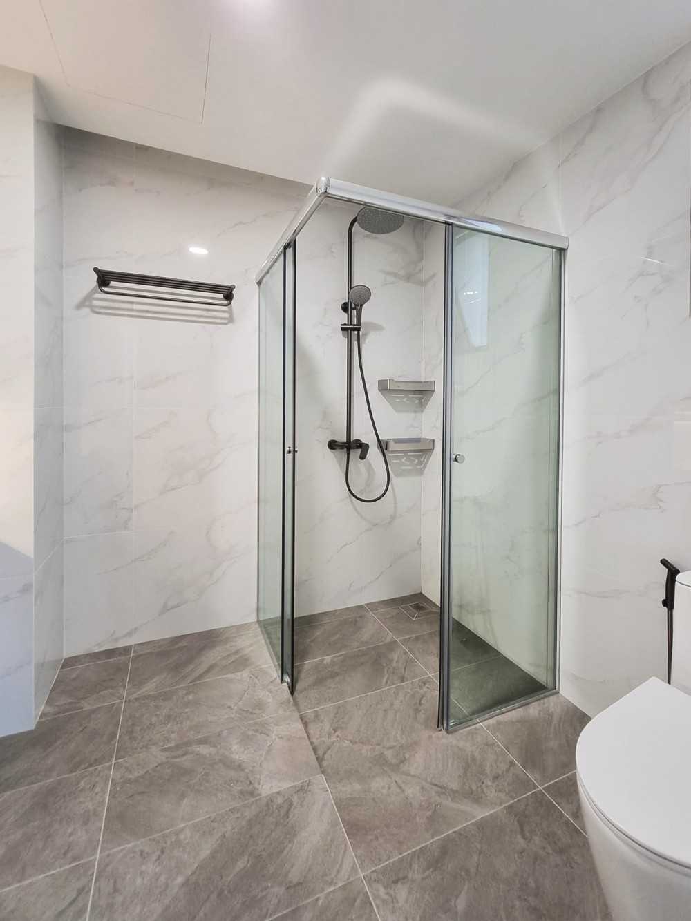 Scandinavian Bathroom with Feature Wall and Shower Screen