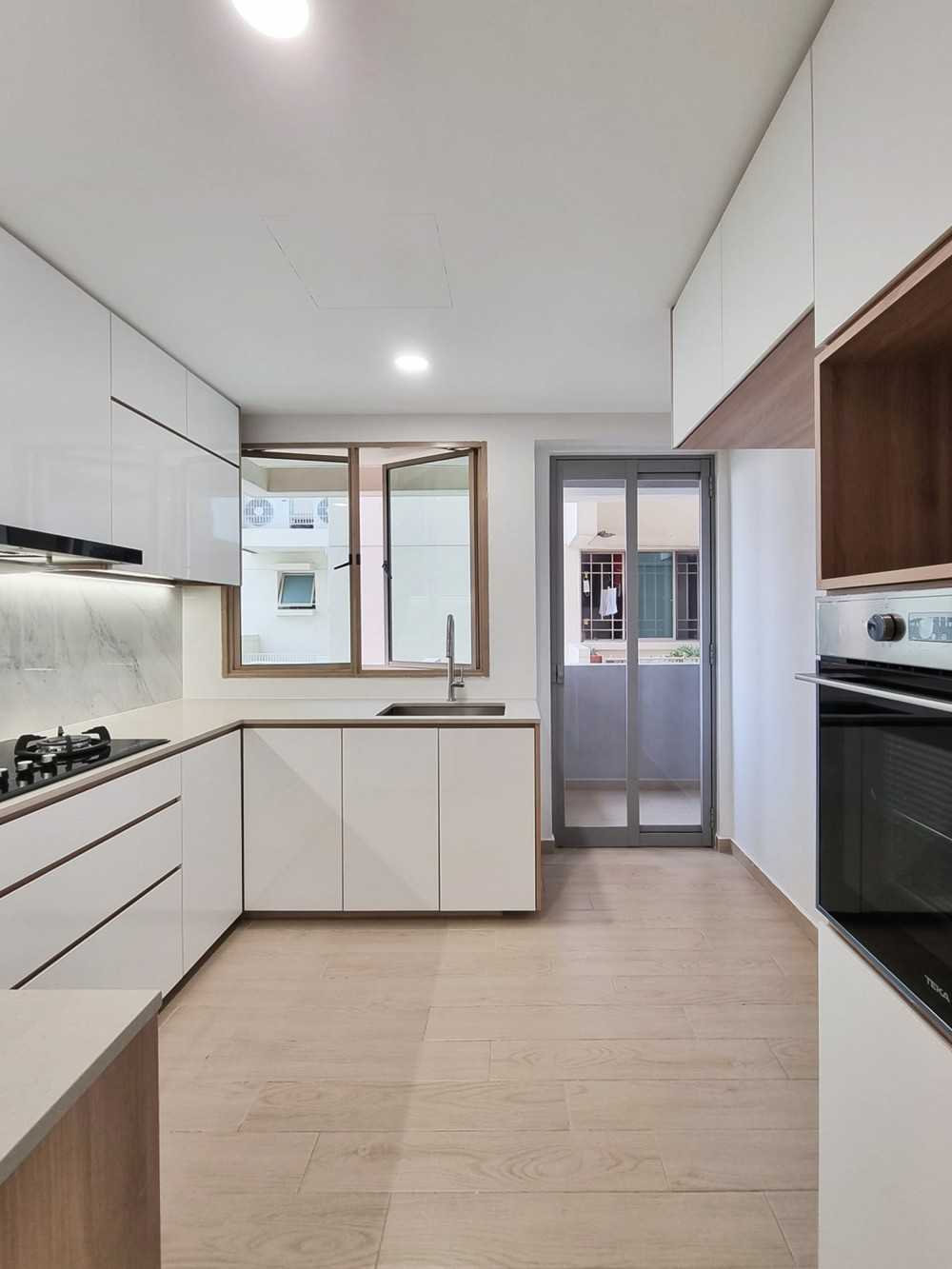 Scandinavian Kitchen with Kitchen Window and Glass Door