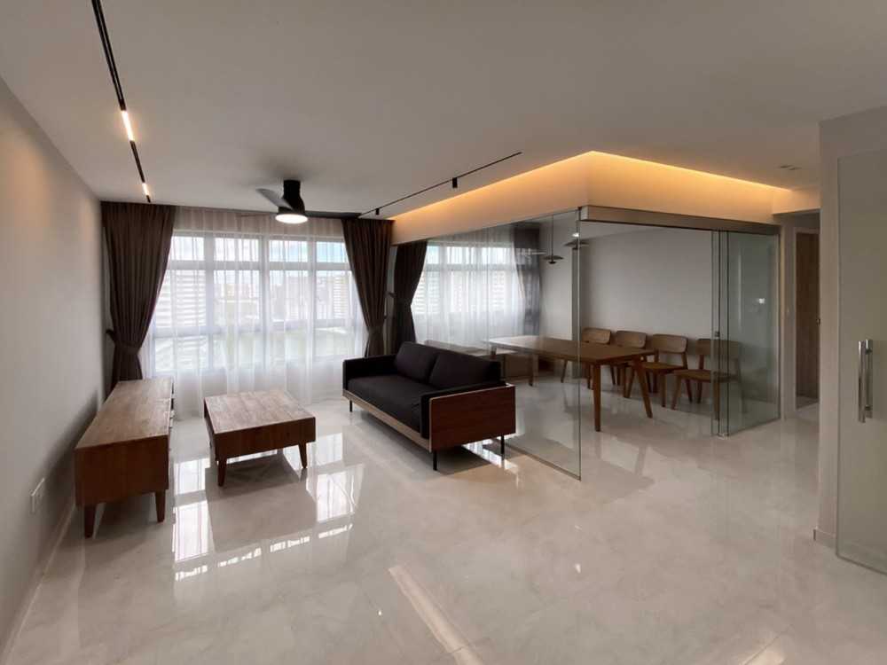 Scandinavian Living Room with TV Console and Glass Door