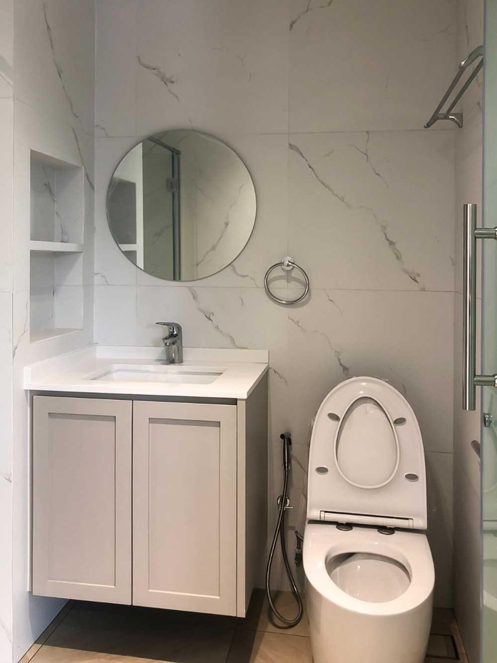 Scandinavian Bathroom with Feature Wall and Bathroom Storage