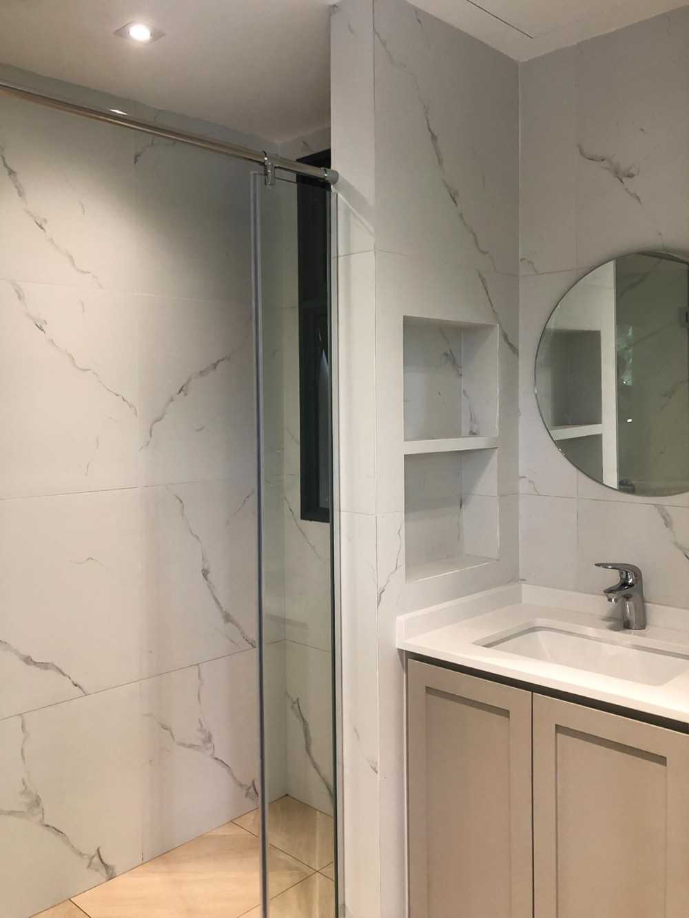 Scandinavian Bathroom with Shower Screen and Storage Cabinets