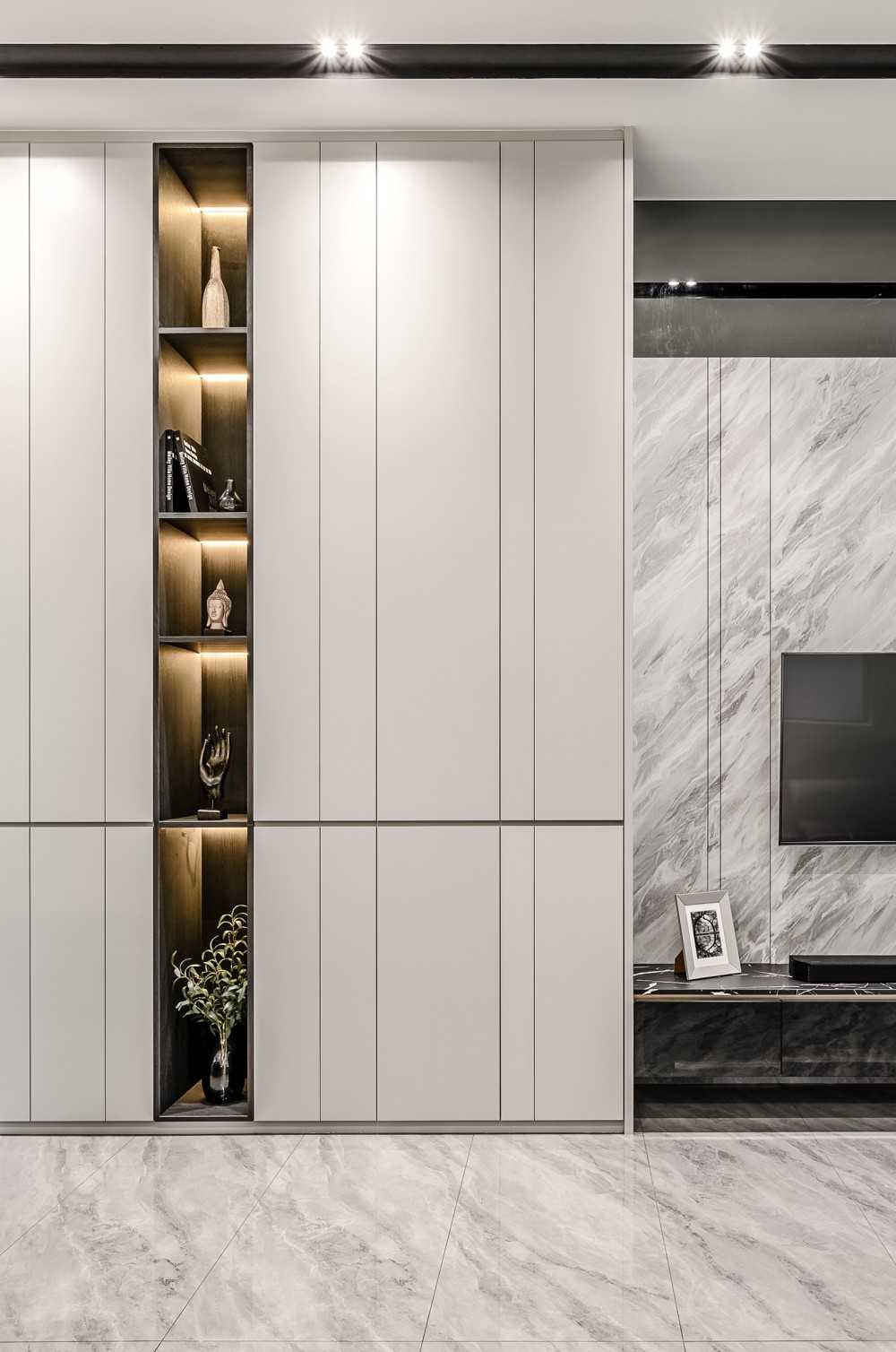 Contemporary Living Room with Paintings and Display Cabinets