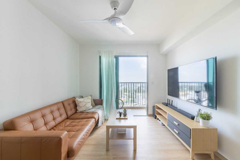 Asian Living Room with TV Console and Ceiling Fan