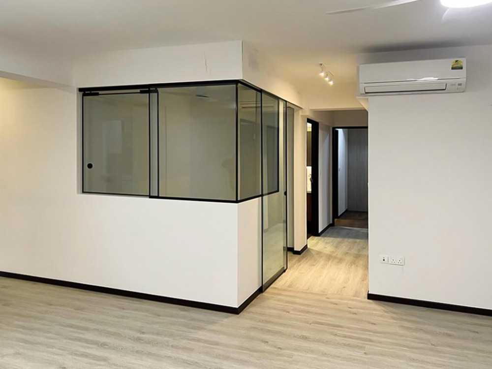 Scandinavian Bedroom with Glass Door and Window Grille