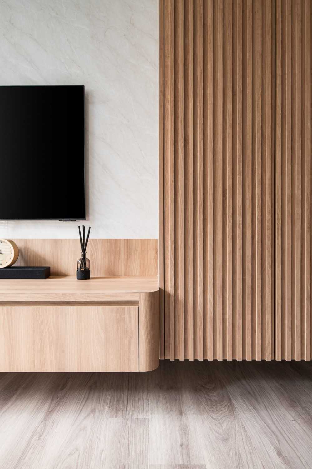 Scandinavian Living Room with Vinyl Flooring and TV Console