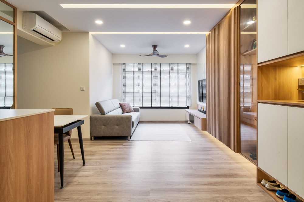 Scandinavian Living Room with Vinyl Flooring and TV Console