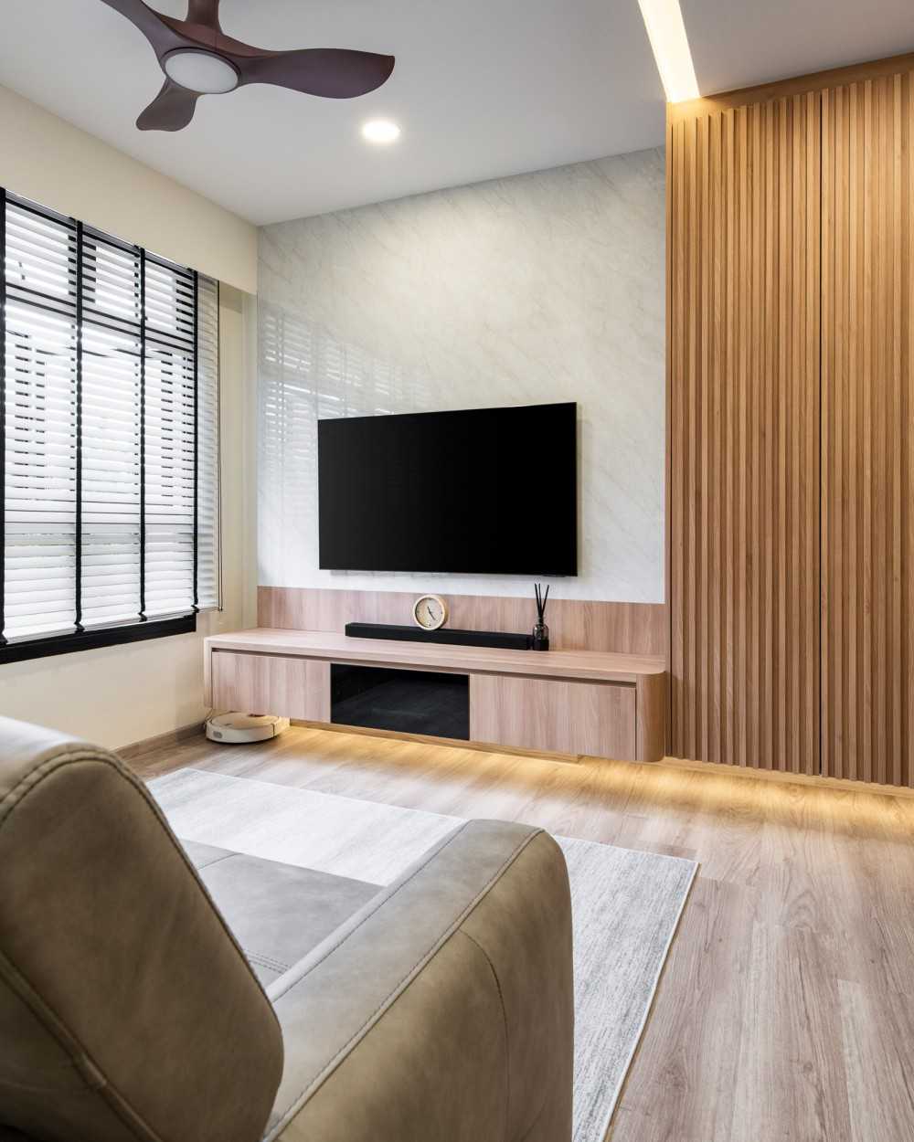 Scandinavian Living Room with Vinyl Flooring and TV Console