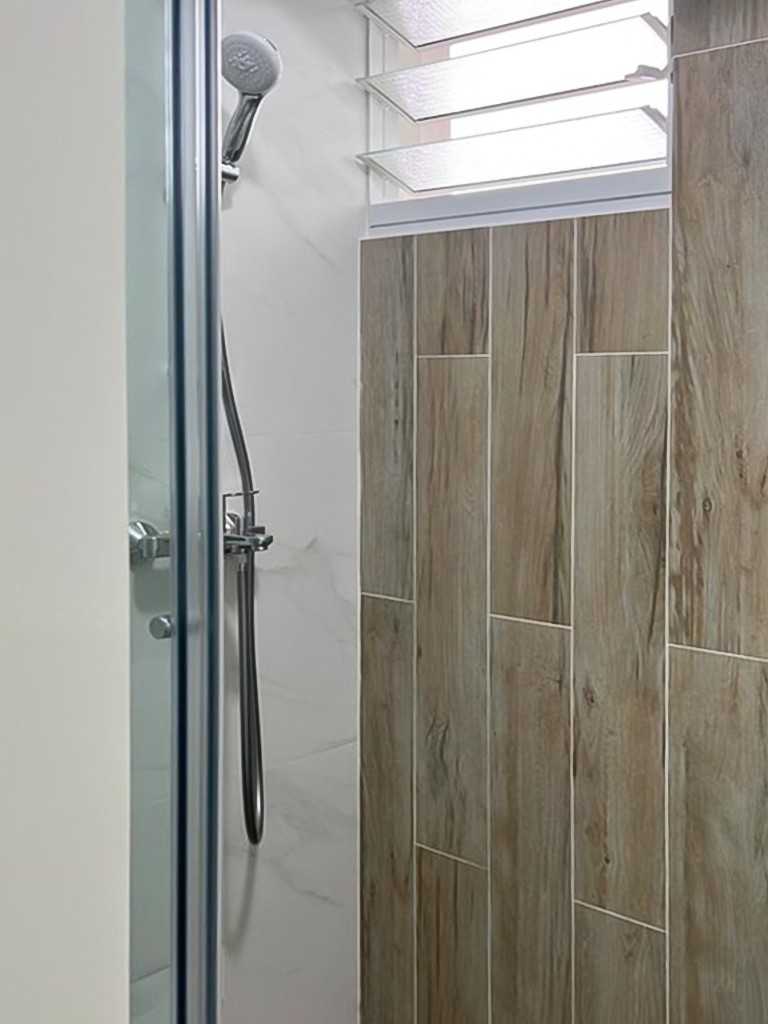 Scandinavian Bathroom with Shower Screen and Window Grille