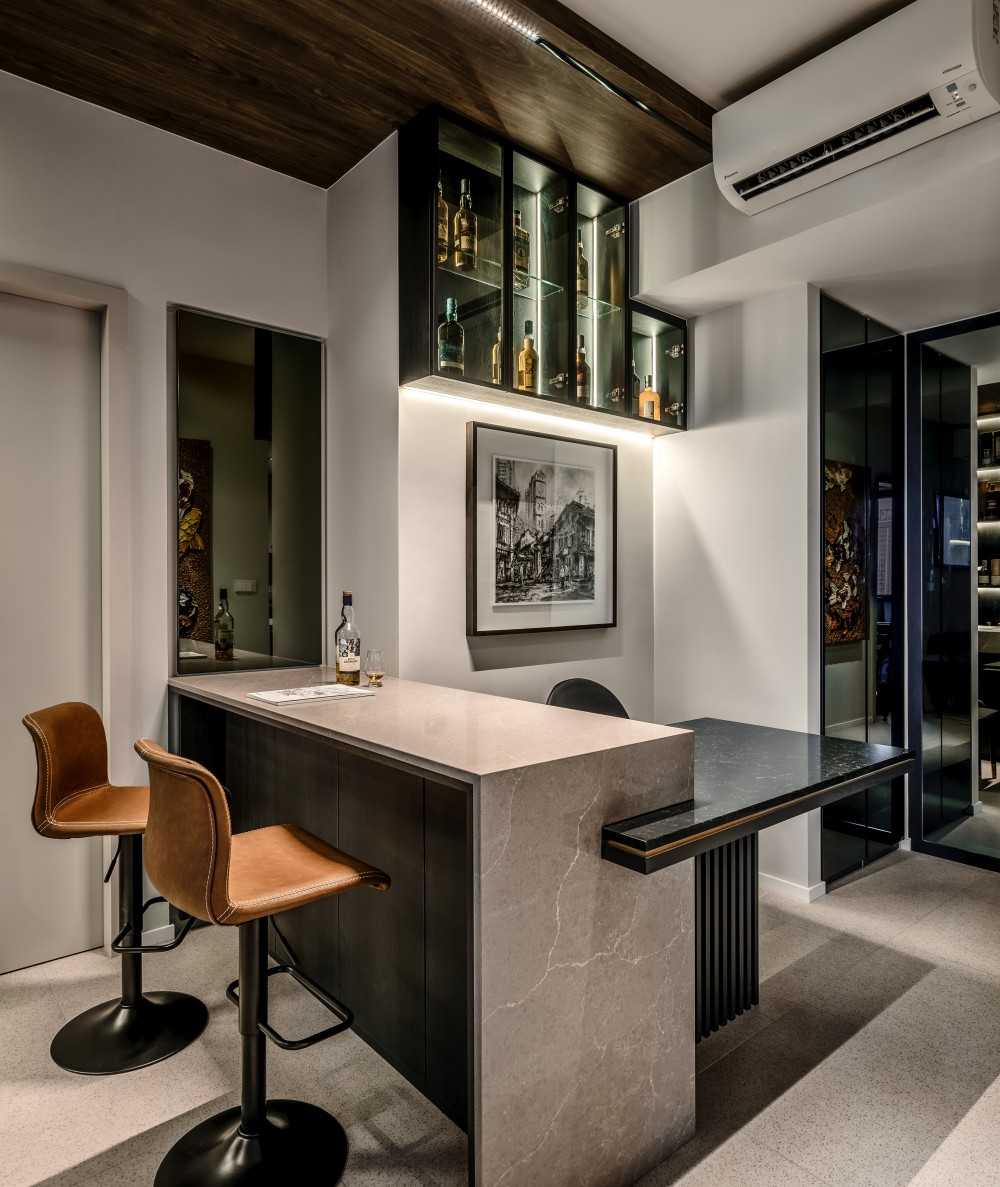 Modern Living Room with Bar Counter and Wall Shelves