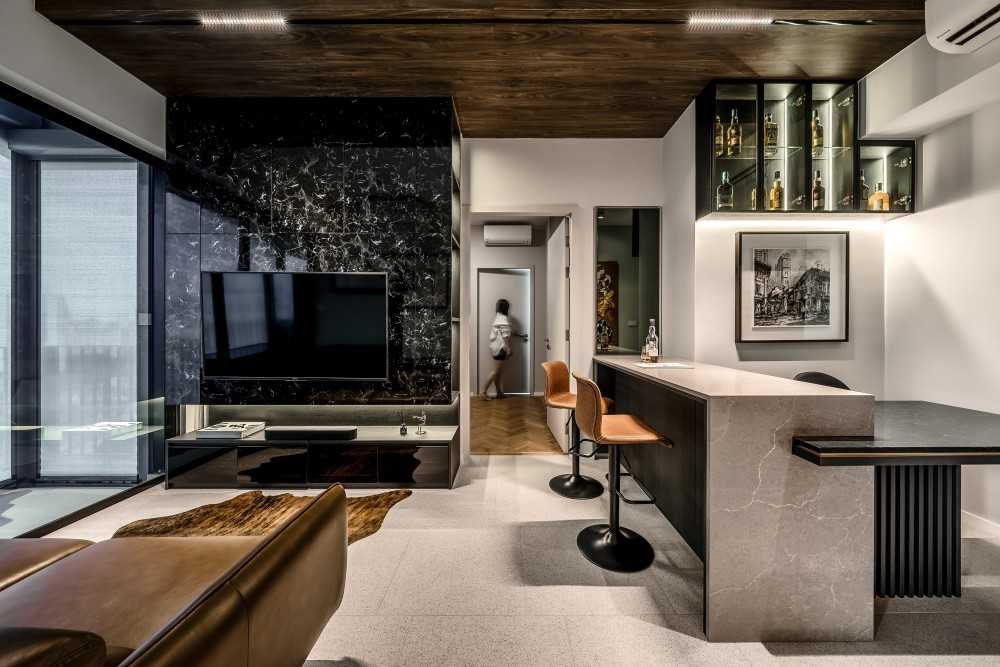 Modern Living Room with Feature Wall and Bar Counter