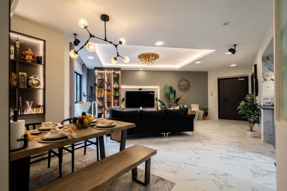 Contemporary Dining Room with Cove Lighting and Ceiling Light