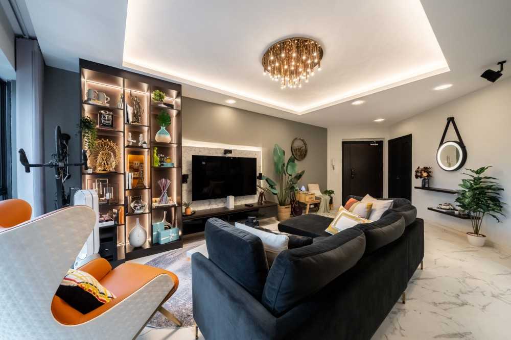 Contemporary Living Room with Marble Floor and TV Console