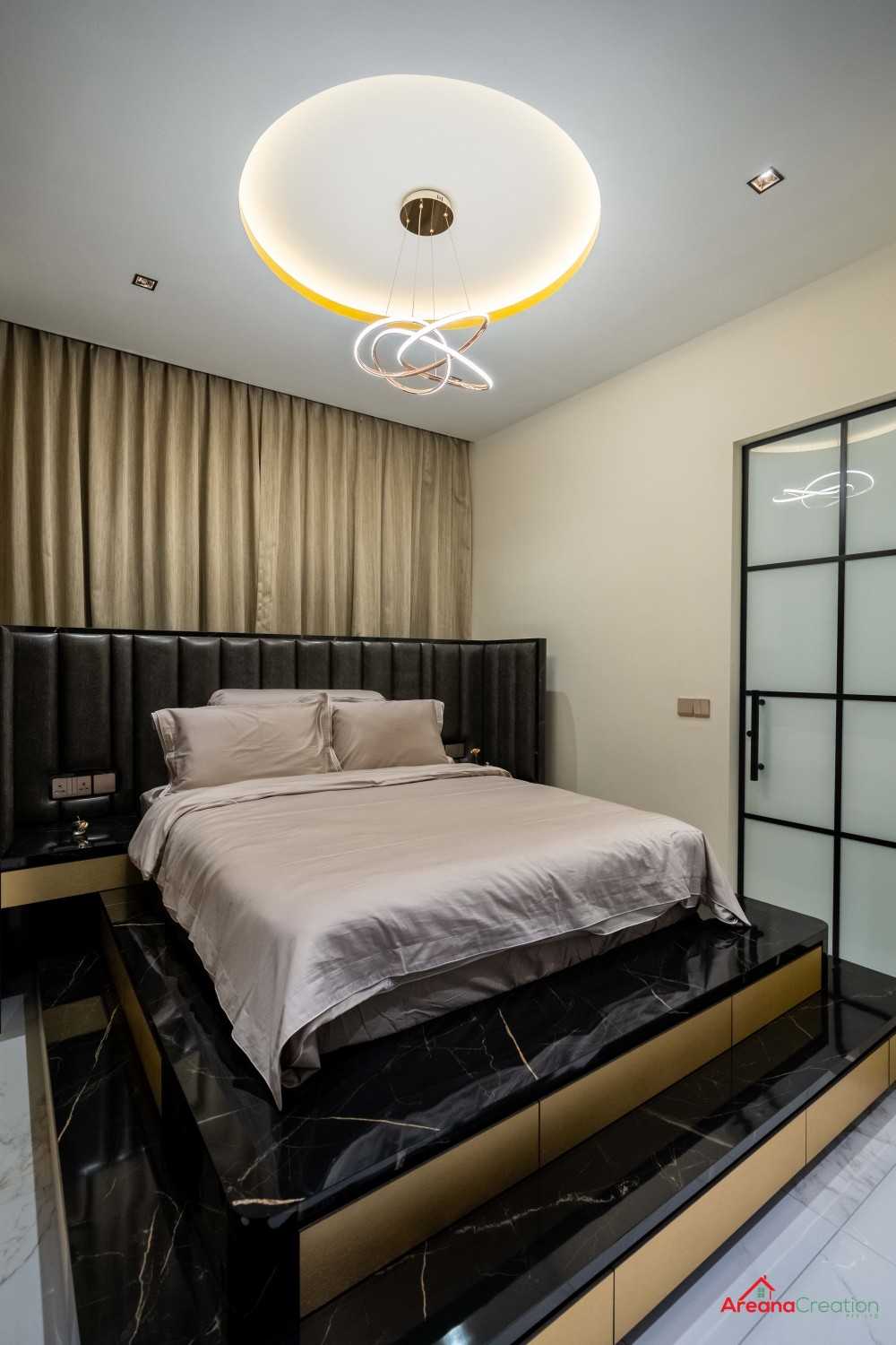 Modern Bedroom with Wood Flooring and Drop Light