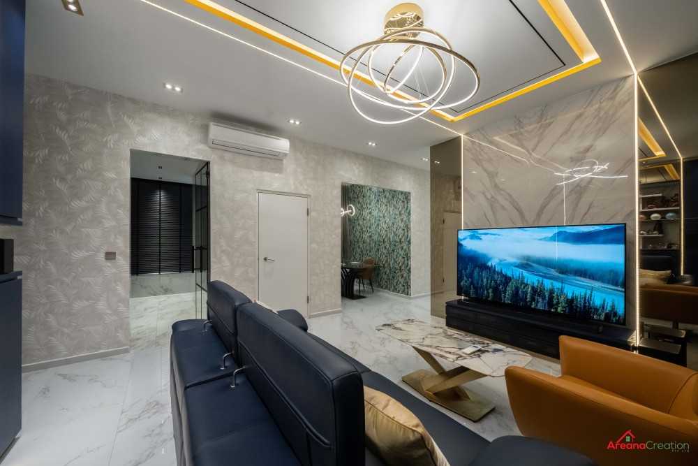 Modern Living Room with Vinyl Flooring and Herringbone Tiling