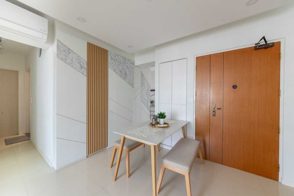 Minimalist Dining Room with Feature Wall and Ceiling Light