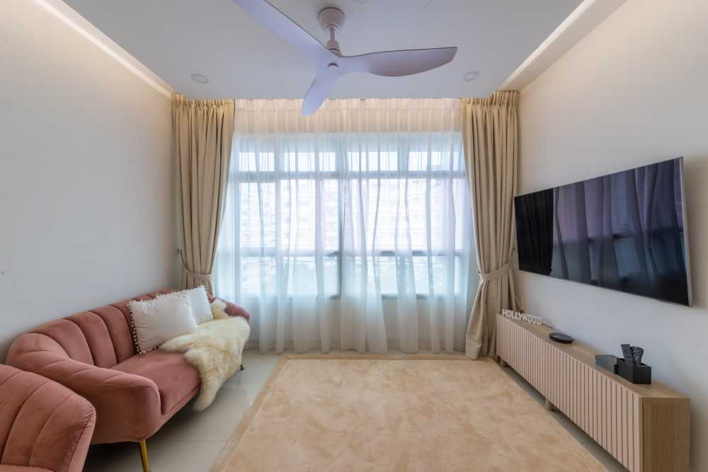 Minimalist Living Room with TV Console and Ceiling Fan