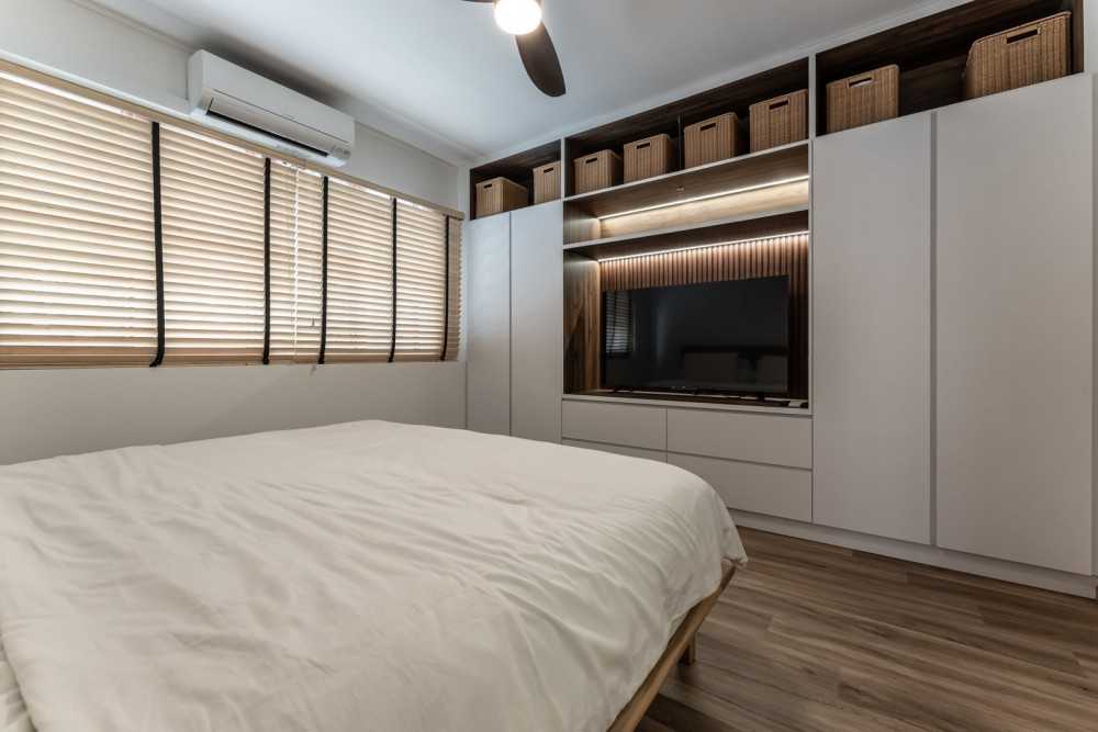 Scandinavian Bedroom with Bookshelf and Vinyl Flooring