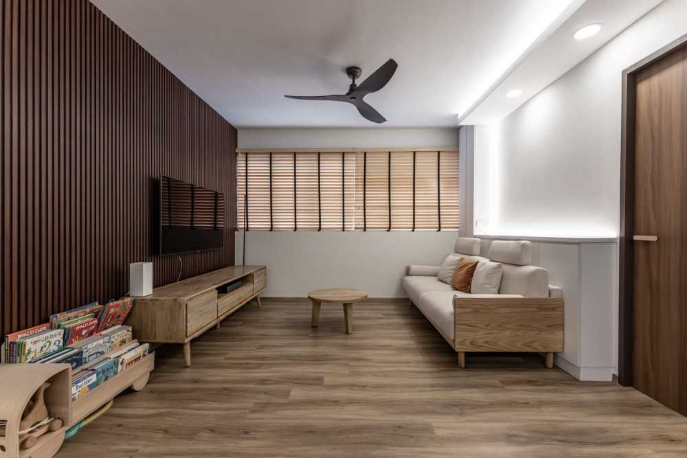 Scandinavian Living Room with Vinyl Flooring and TV Console