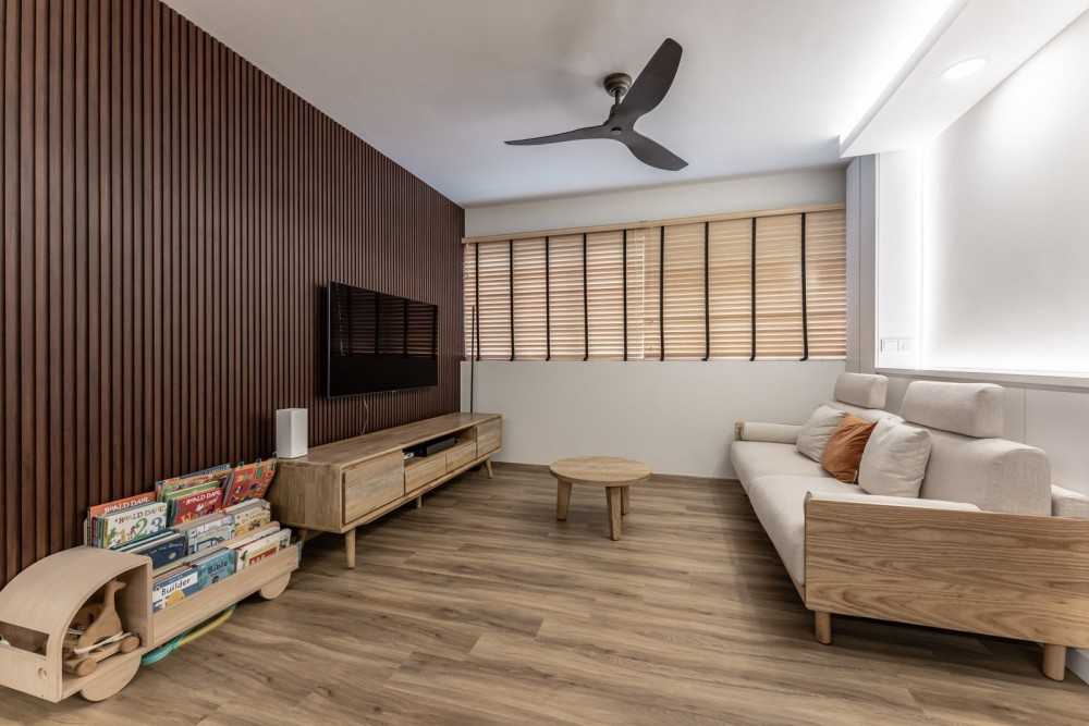 Scandinavian Living Room with Vinyl Flooring and Feature Wall