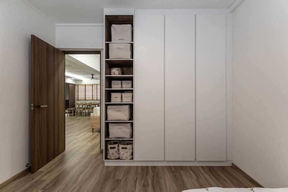 Scandinavian Bedroom with Bookshelf and Vinyl Flooring
