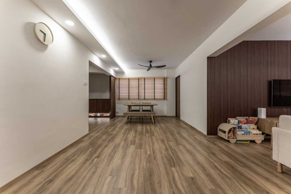 Scandinavian Living Room with Vinyl Flooring and Feature Wall