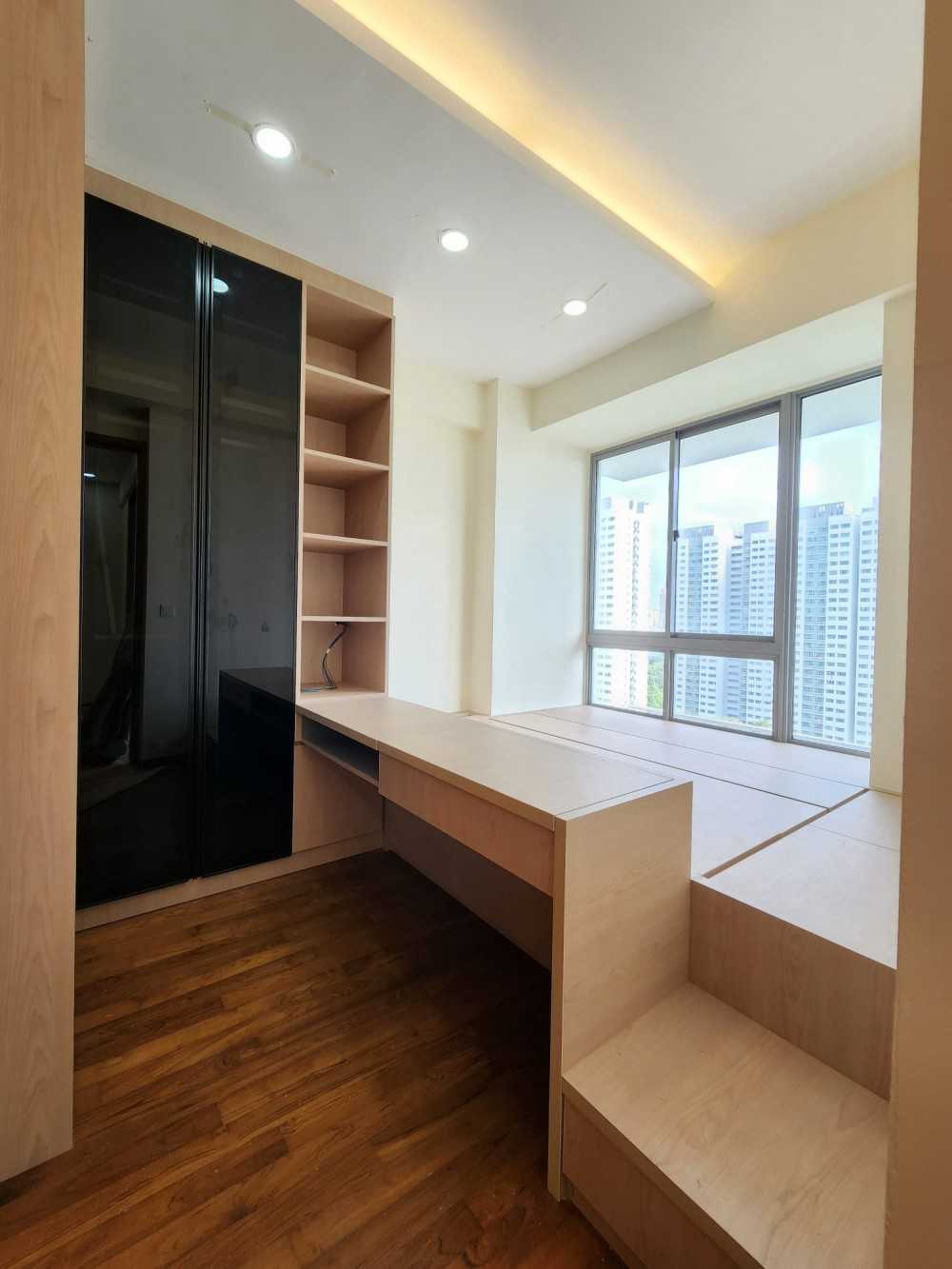Modern Bedroom with Bookshelf and Platform Bed
