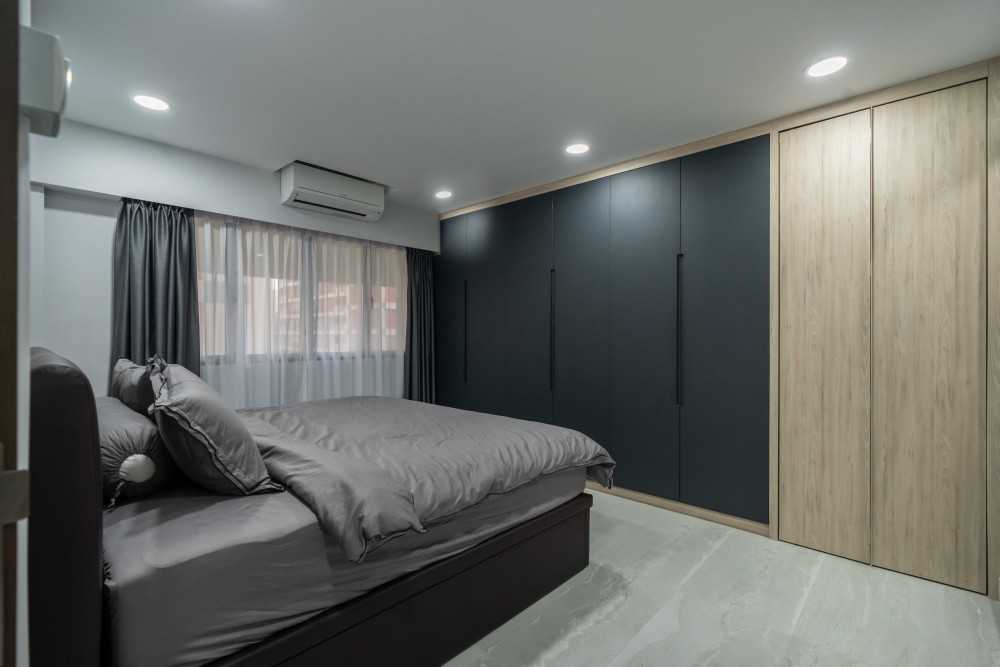 Contemporary Bedroom with Wood Flooring and Wardrobe