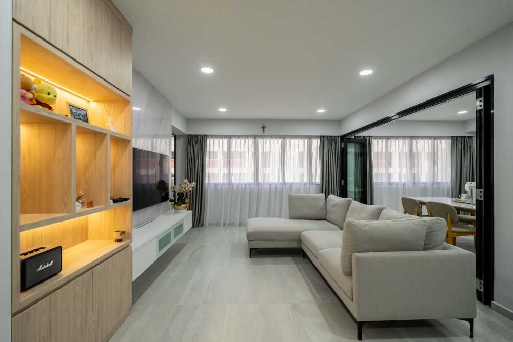 Contemporary Living Room with TV Console and Feature Wall