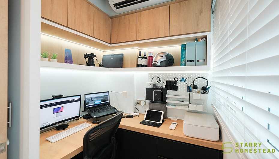 Modern Study with Bookshelf and Window Shutters