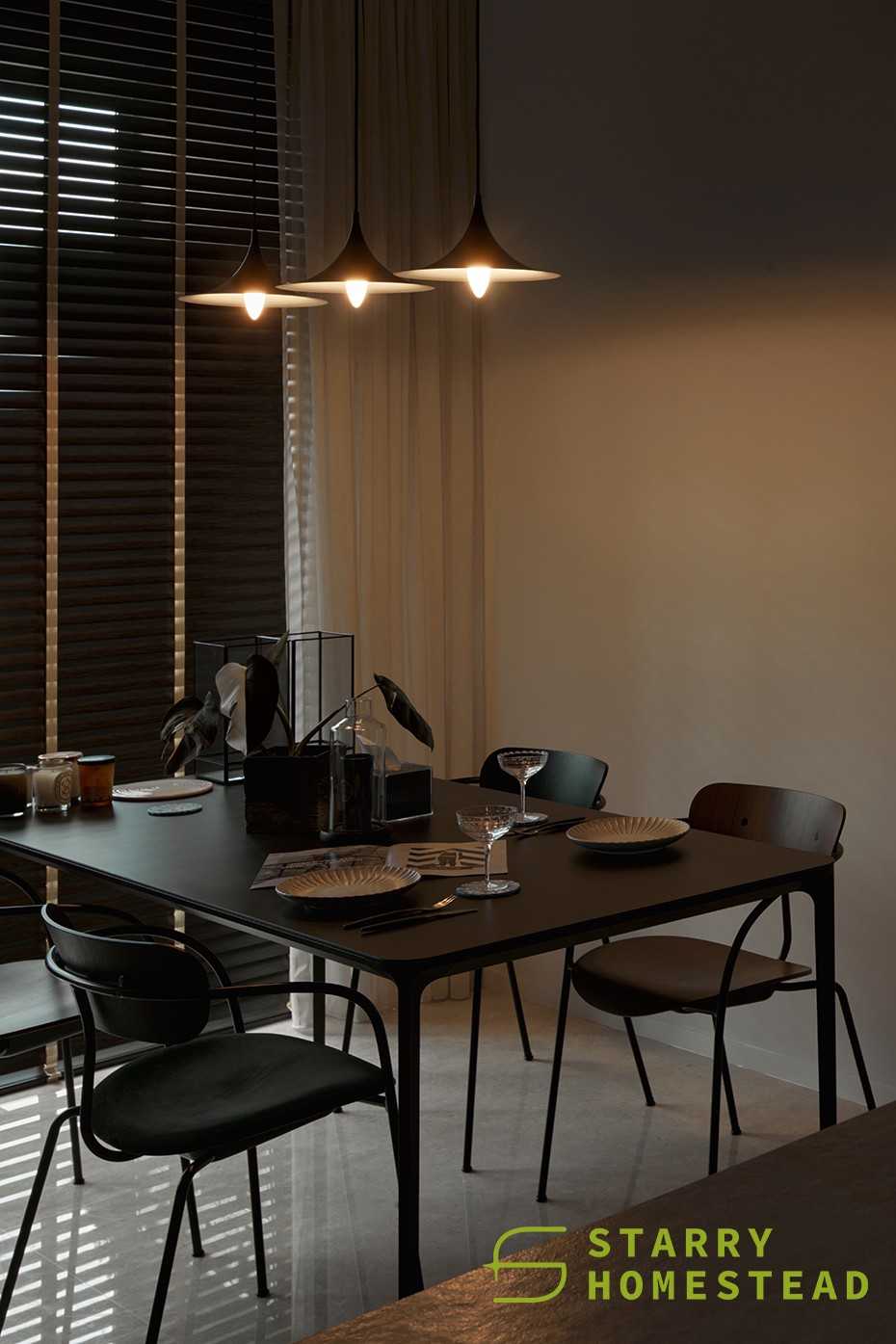 Modern Dining Room with Drop Light and Flooring