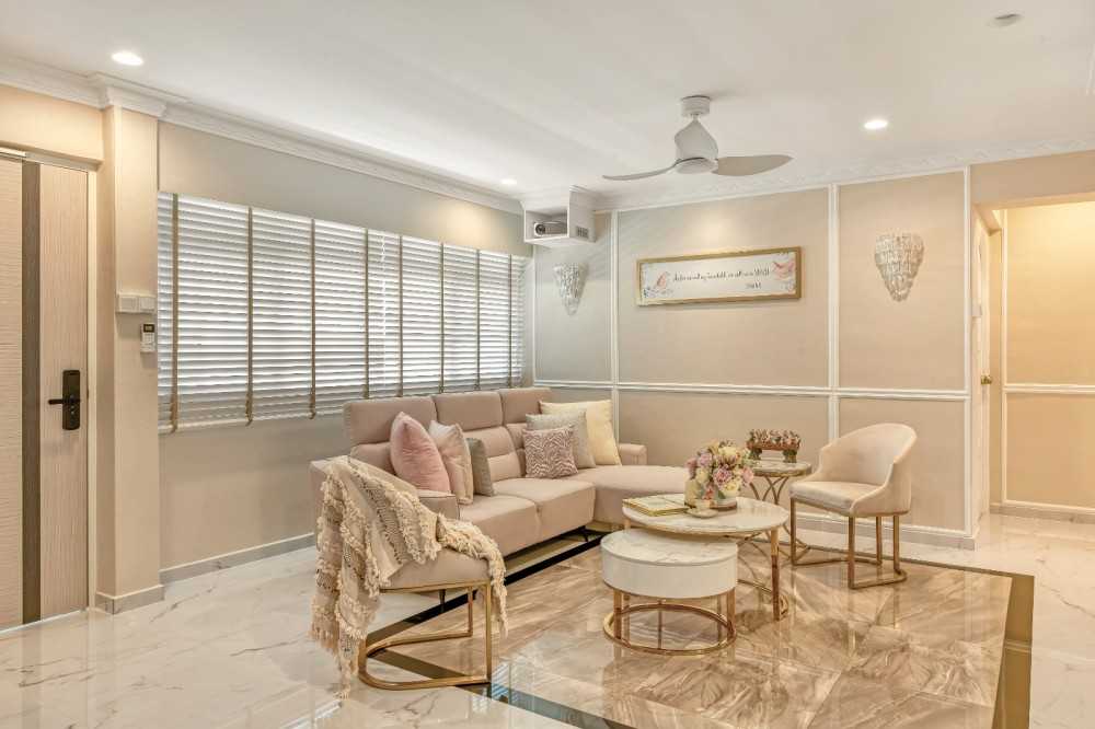 Transitional Living Room with Cement Floor and Bay Window