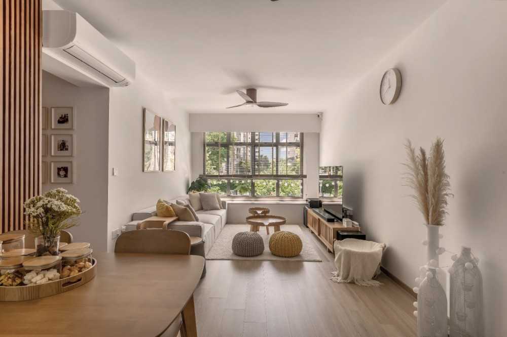 Scandinavian Living Room with Wood Flooring and TV Console