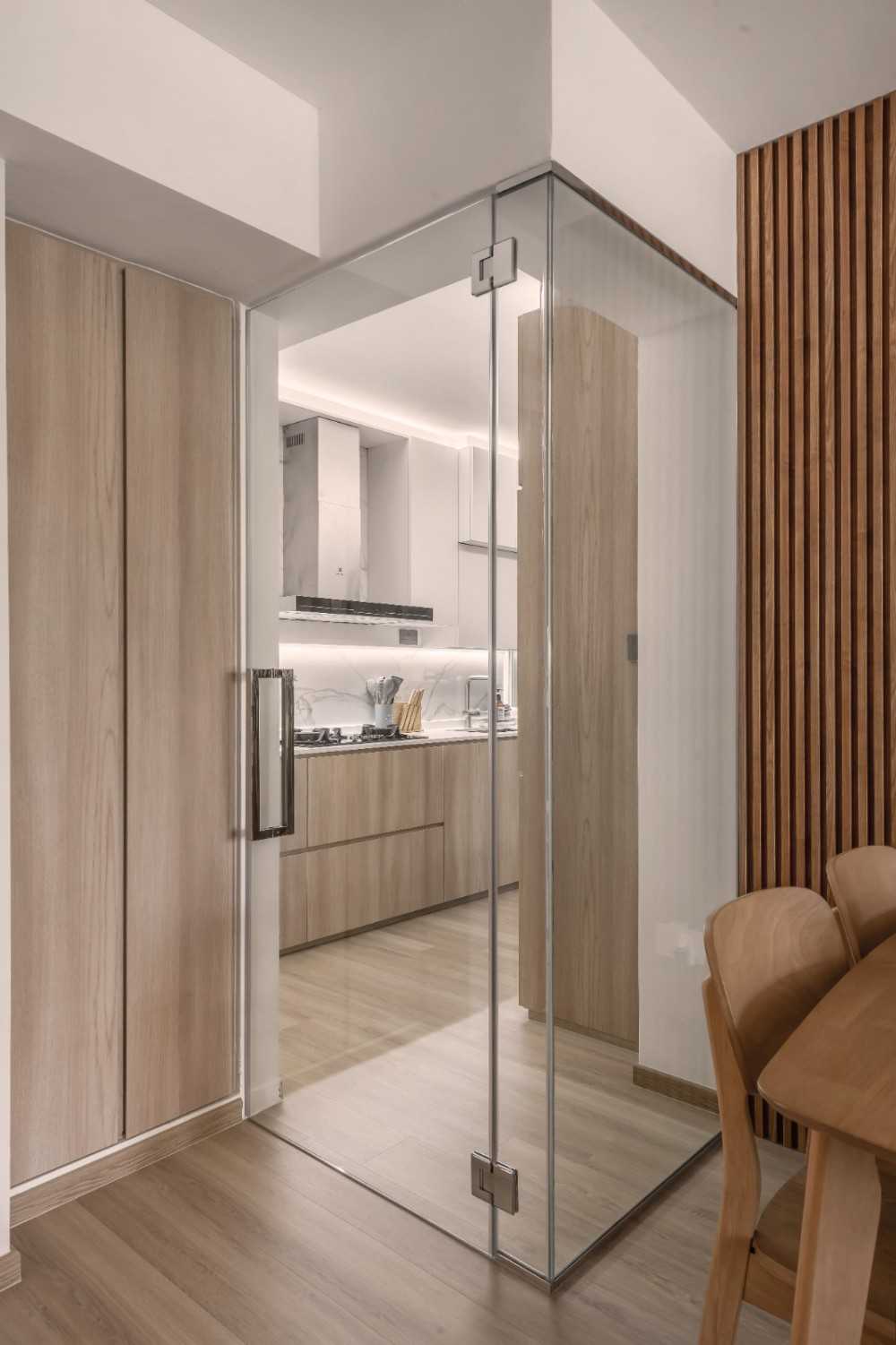 Scandinavian Kitchen with Marble Floor and Kitchen Window