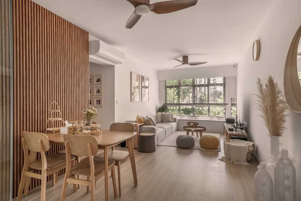 Scandinavian Living Room with Granite Floor and Wood Flooring