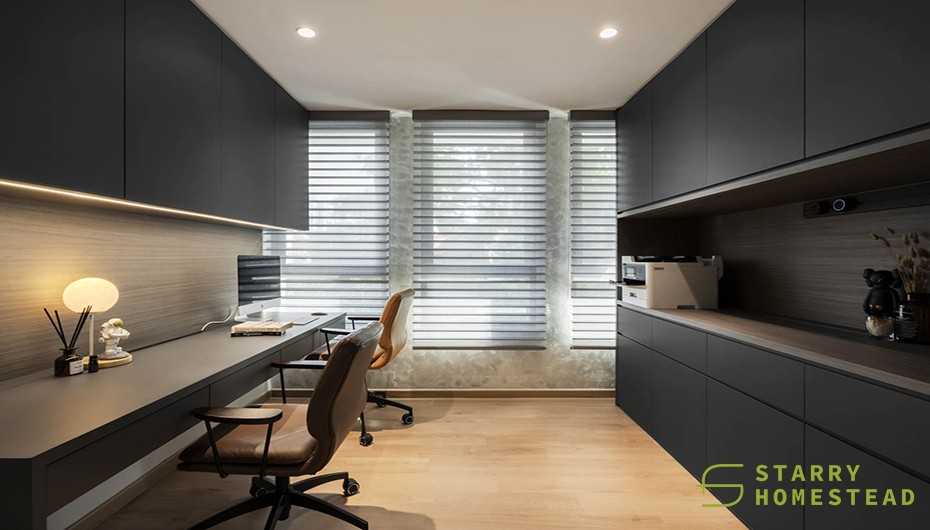 Modern Study with Vinyl Flooring and Window Shutters