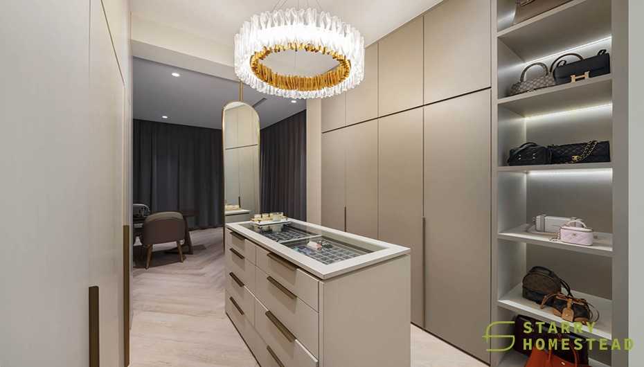 Modern Walk-in Wardrobe with Drop Light and Small Storage