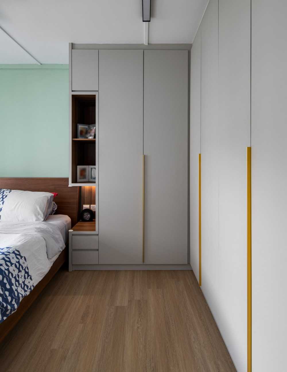 Contemporary Bedroom with Bookshelf and Vinyl Flooring