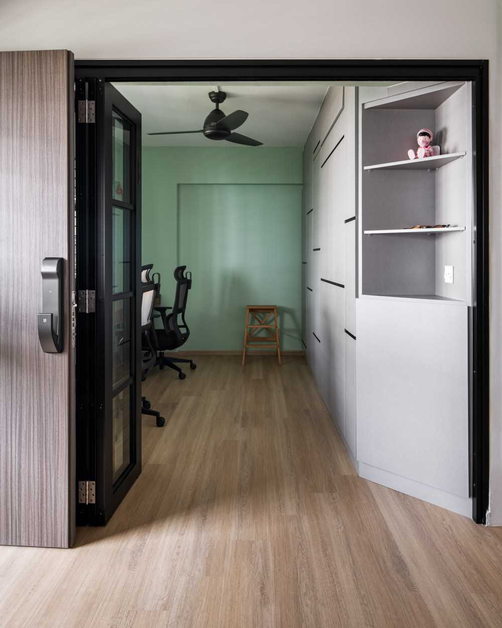 Contemporary Bedroom with Bookshelf and Vinyl Flooring