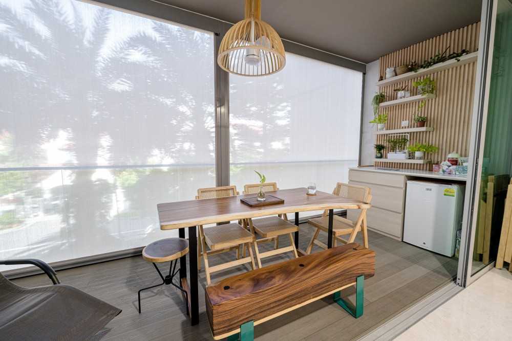 Modern Balcony with Curtain and Outdoor Table