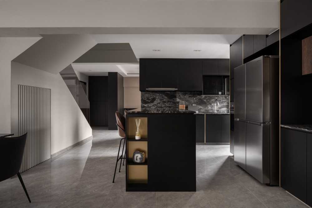 Modern Kitchen with Countertop and Marble Floor