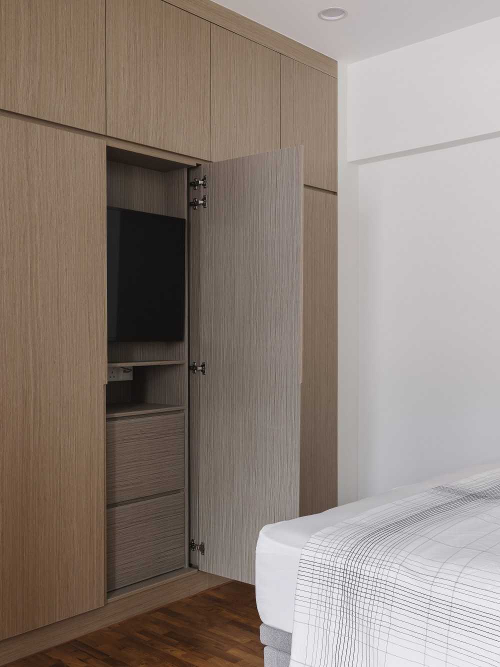 Modern Bedroom with Parquet Floor and Wardrobe