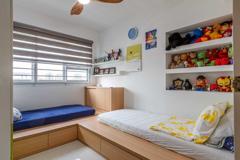 Scandinavian Bedroom with Platform Bed and Built-in Bed