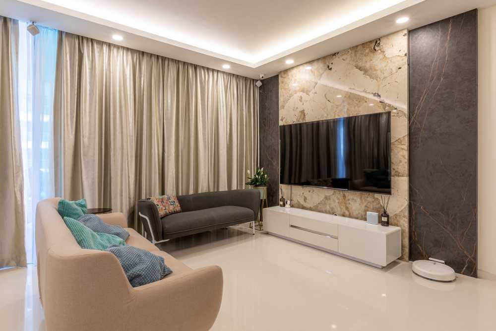 Contemporary Living Room with Homogeneous Tiles and Feature Wall