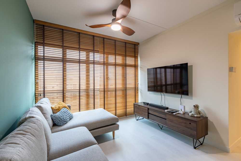 Scandinavian Living Room with Vinyl Flooring and TV Console