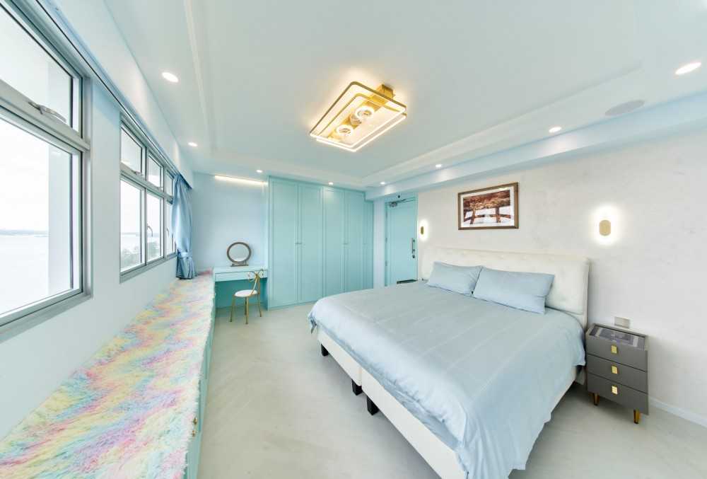 Scandinavian Bedroom with Drop Ceiling and Curtain