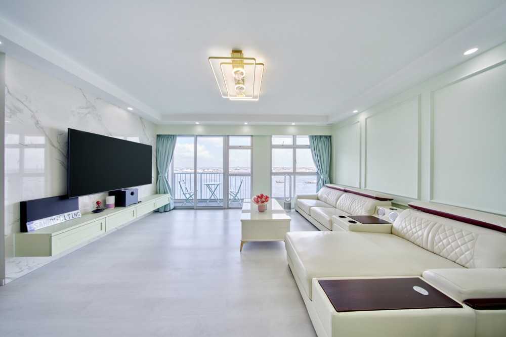 Scandinavian Living Room with Vinyl Flooring and Feature Wall