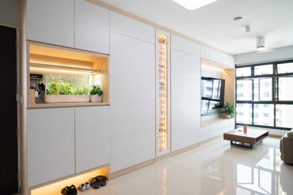 Scandinavian Living Room with TV Console and Feature Wall